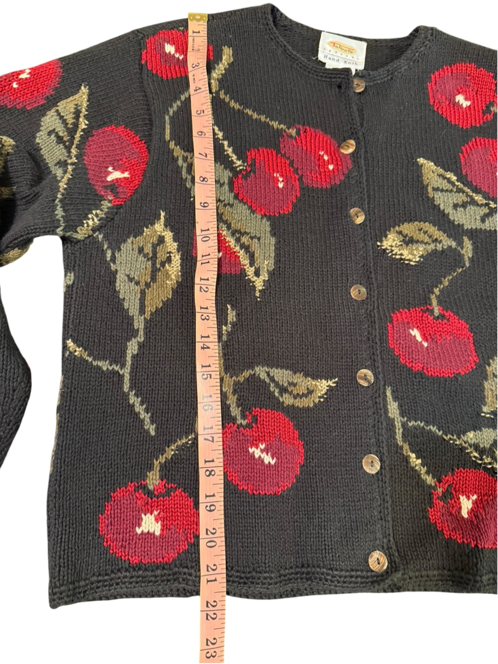 Vintage Talbots Chunk Knit Cardigan Sweater Black with Cherries Medium Petite - Picture 11 of 13